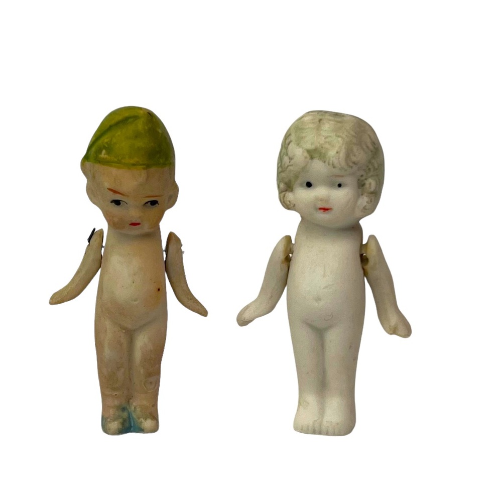 Vintage 2 Bisque Porcelain Baby Dolls Jointed Arms Made in Japan 3"